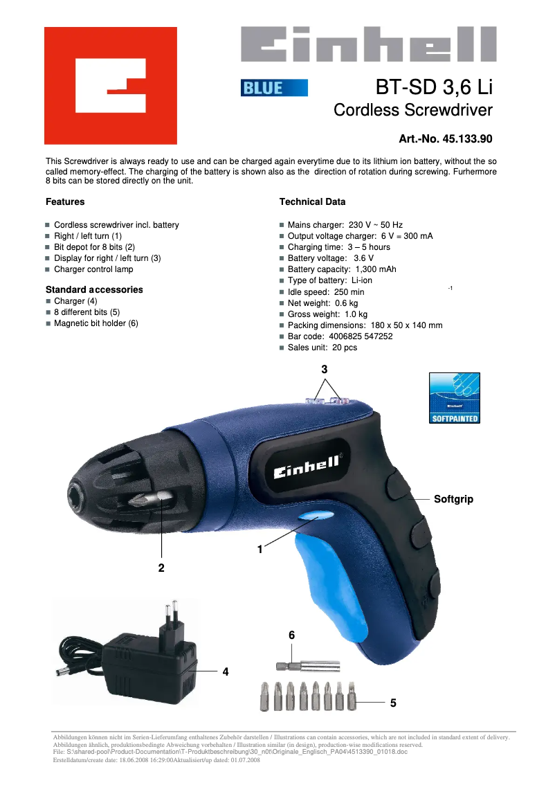 Page 1 de la notice Manuel utilisateur Einhell BT-SD 3,6 Li