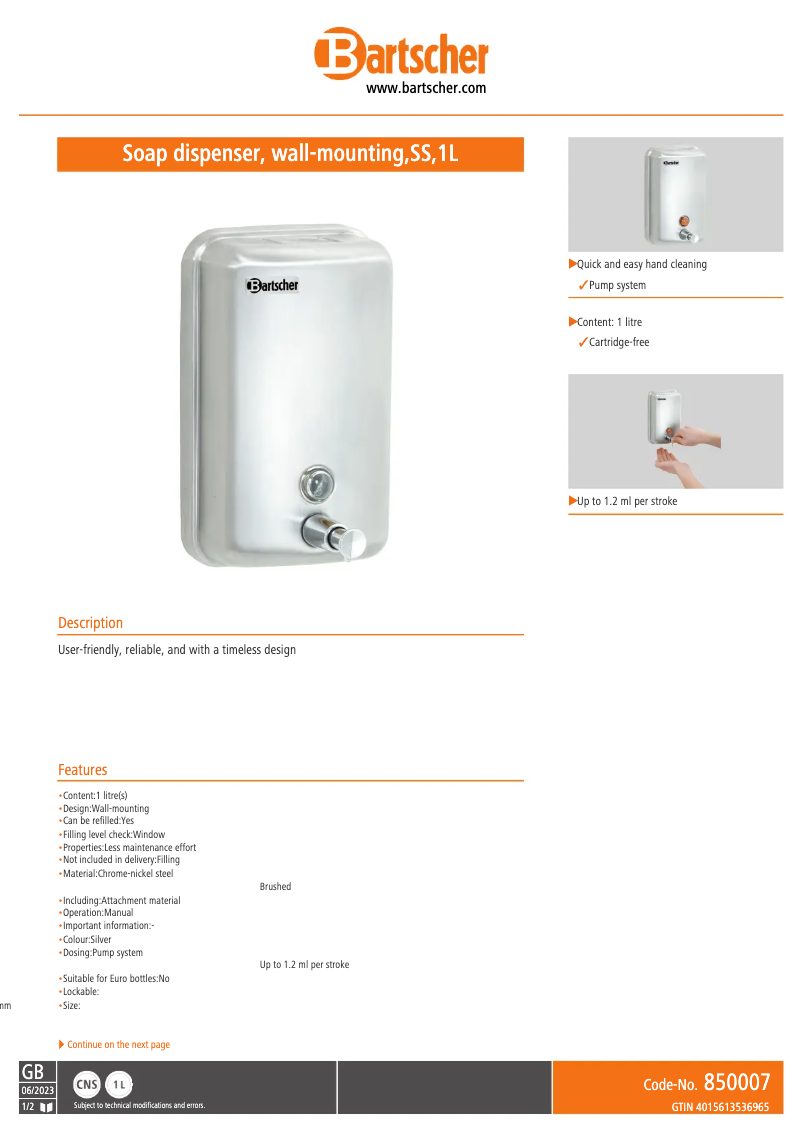 Página 1 del manual Ficha técnica Bartscher 850007