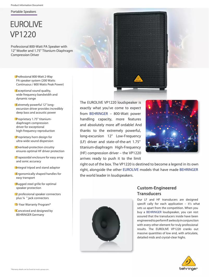 Page 1 de la notice Fiche technique Behringer Eurolive VP1220