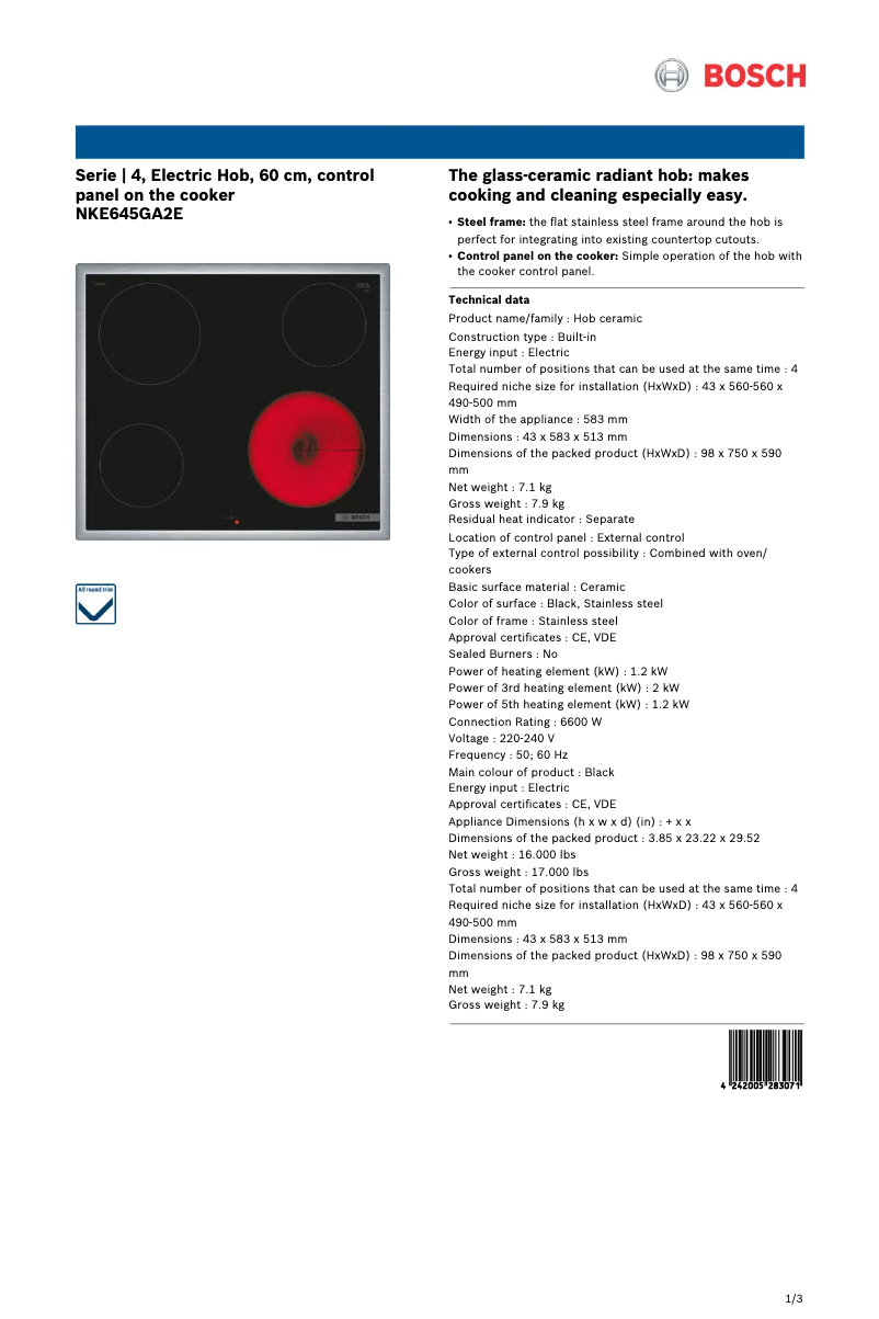 Página 1 del manual Ficha técnica Bosch NKE645GA2E