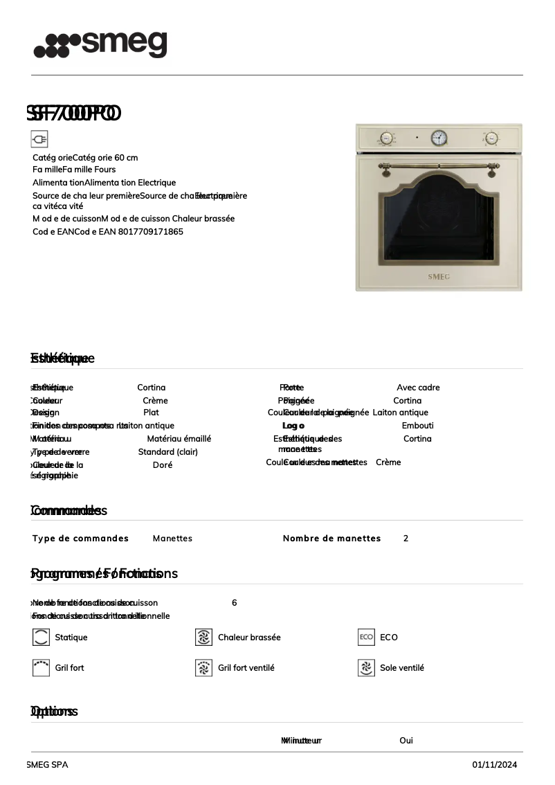 Page 1 de la notice Fiche technique Smeg SF700PO