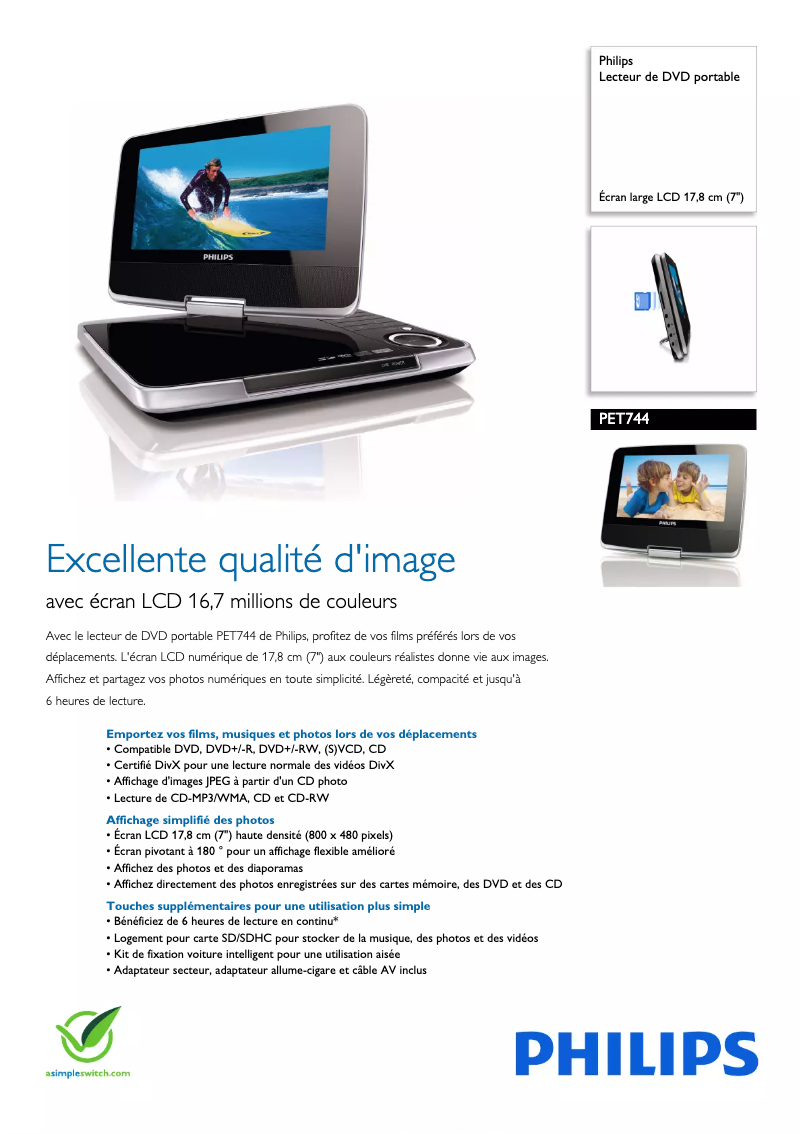 Page 1 de la notice Fiche technique Philips PET744