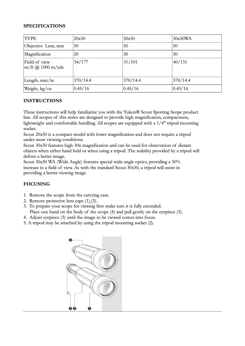 Page 1 de la notice Manuel utilisateur Yukon Scout 30x50WA