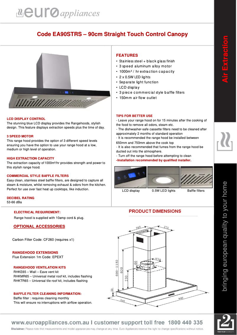 Page 1 de la notice Fiche technique Euro Appliances EA90STRS