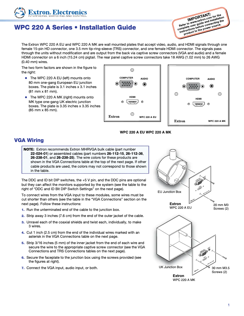 Page 1 de la notice Manuel utilisateur Extron WPC 220 A EU