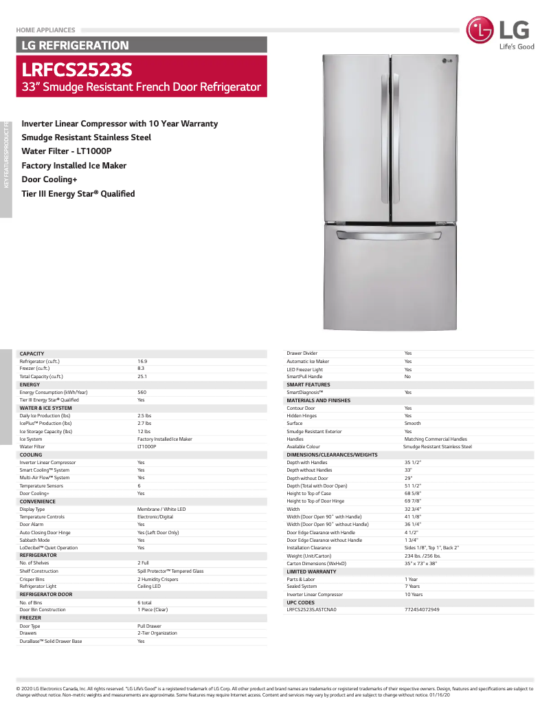 Page 1 de la notice Fiche technique LG LRFCS2523S