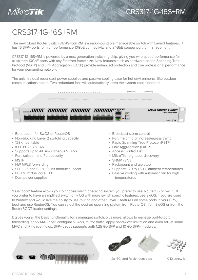 Page 1 de la notice Brochure Mikrotik CRS317-1G-16S+RM