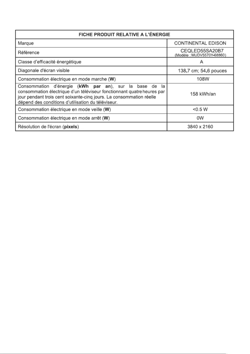 Page 1 de la notice Manuel utilisateur Continental Edison CEQLED55SA20B7
