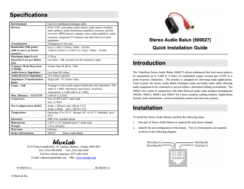 Image de la première page du manuel de l'appareil Stereo Audio Balun