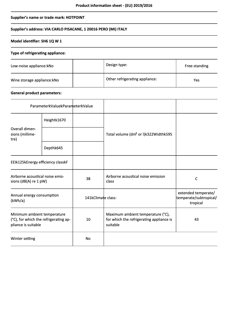 Page 1 of the manual Technical Sheet Hotpoint SH6 1Q W 1