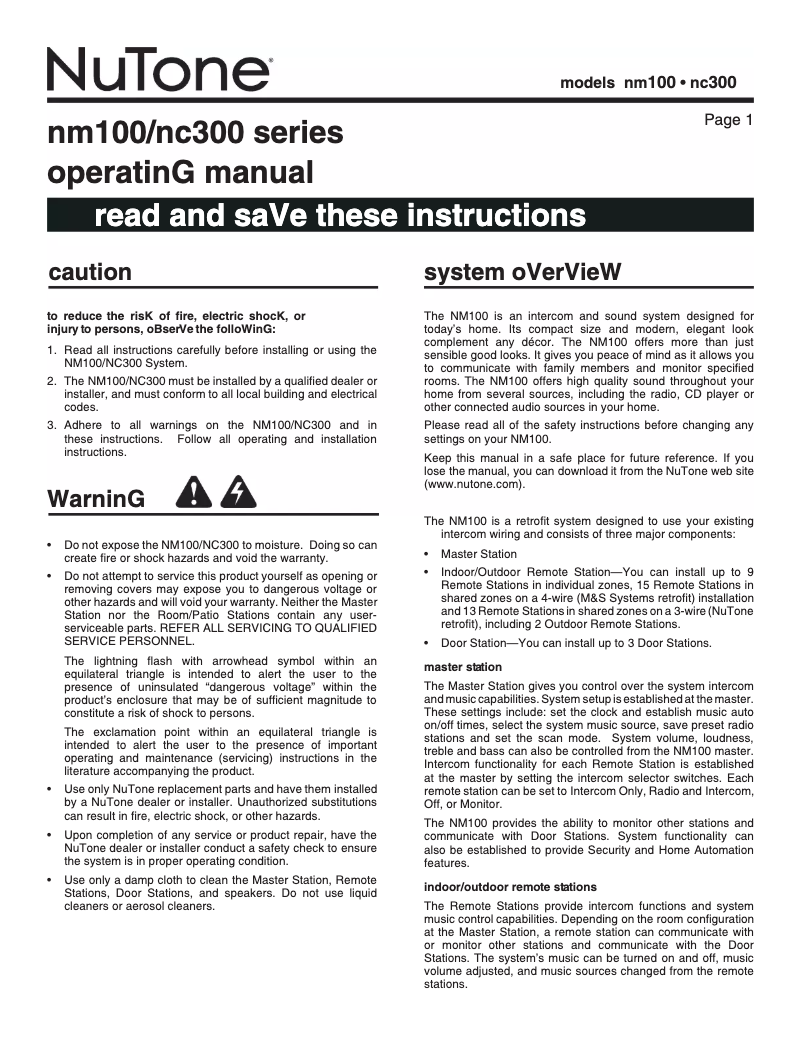 Page n°1 - Manuel utilisateur NuTone NM100WH