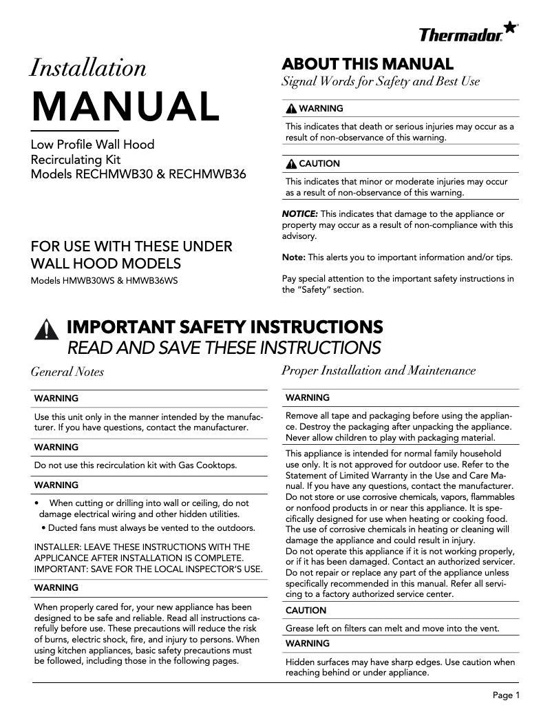 Page n°1 - Guide d'installation Thermador RECHMWB30
