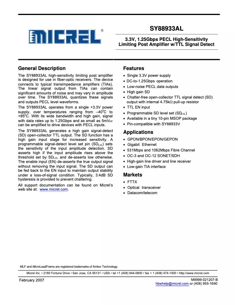 Page 1 de la notice Manuel utilisateur Microchip SY88933AL