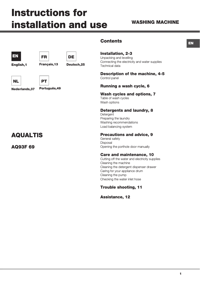 Page 1 de la notice Manuel utilisateur Hotpoint Aqualtis AQ93F 69