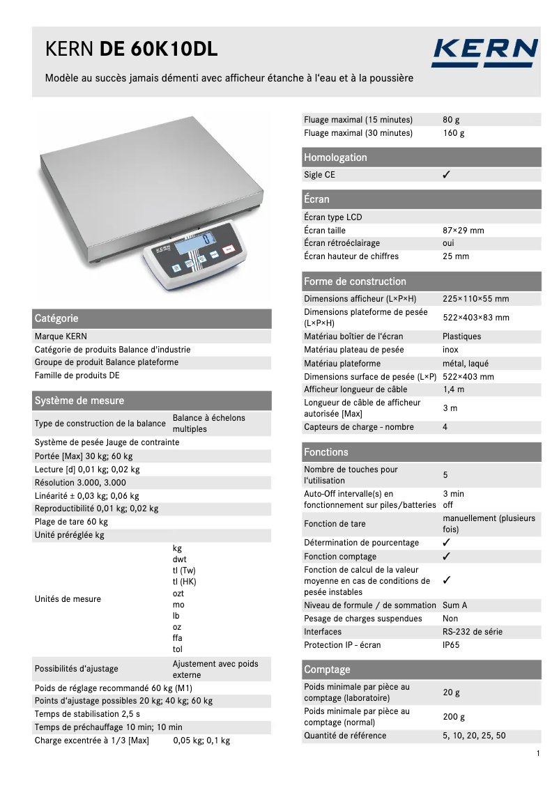 Page 1 de la notice Fiche technique Kern DE 60K10DL