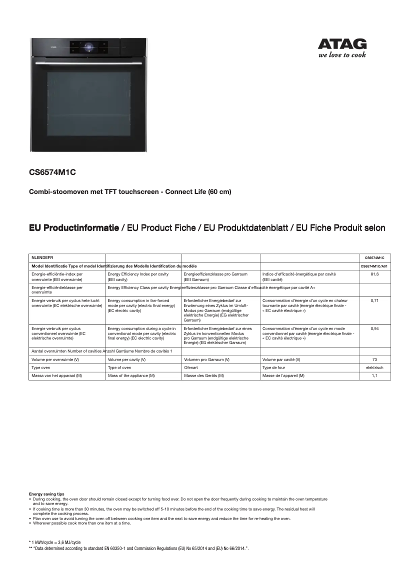 Page 1 de la notice Fiche technique Atag CS6574M1C