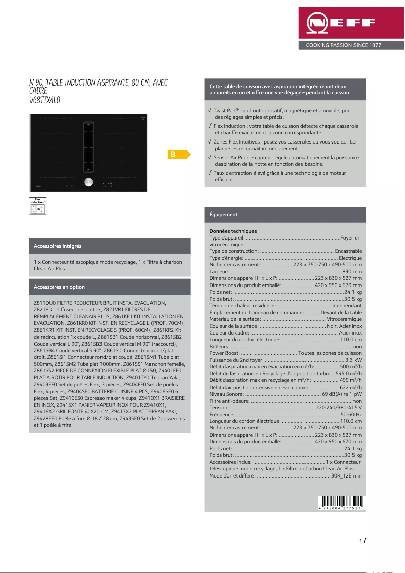 Page 1 de la notice Fiche technique Neff V68TTX4L0