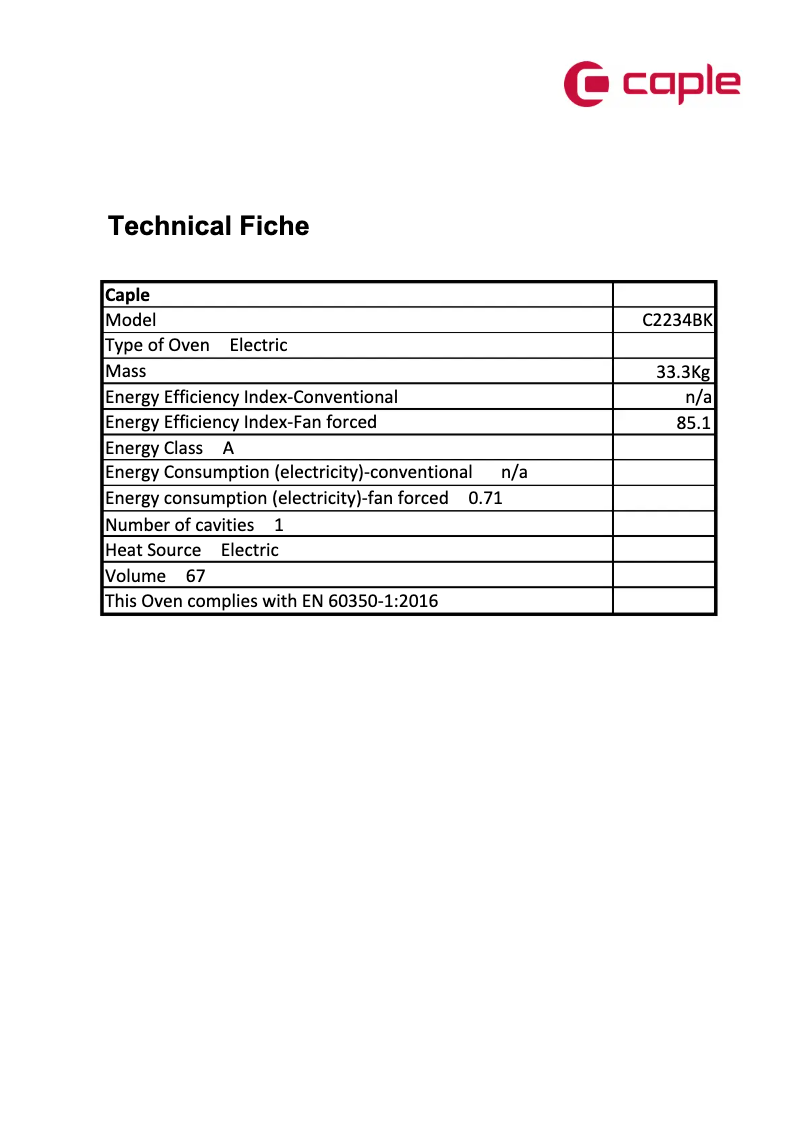 Page 1 de la notice Fiche technique Caple C2234BK