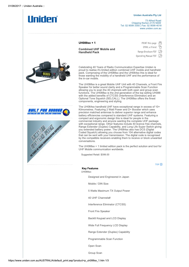 Page 1 de la notice Manuel utilisateur Uniden UH088SX