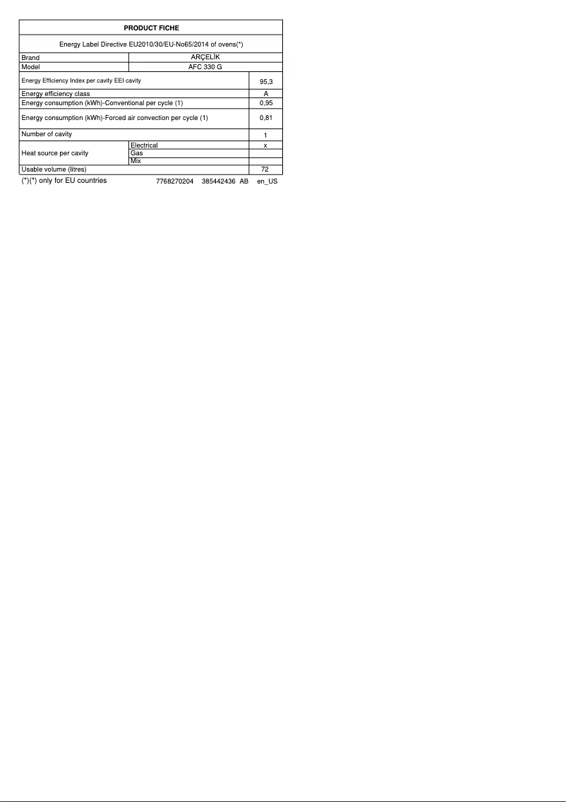 Page 1 de la notice Fiche technique Arçelik AFC 330 G
