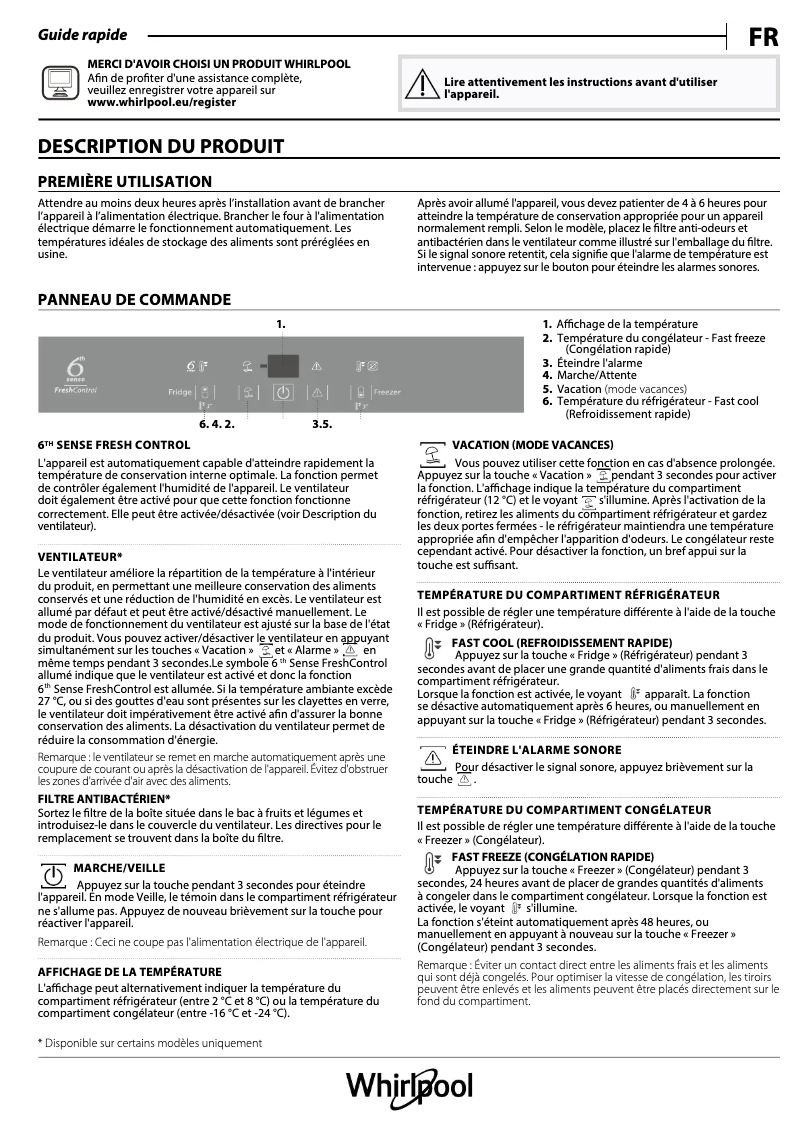 Page 1 de la notice Manuel utilisateur Whirlpool ART 8810 SF