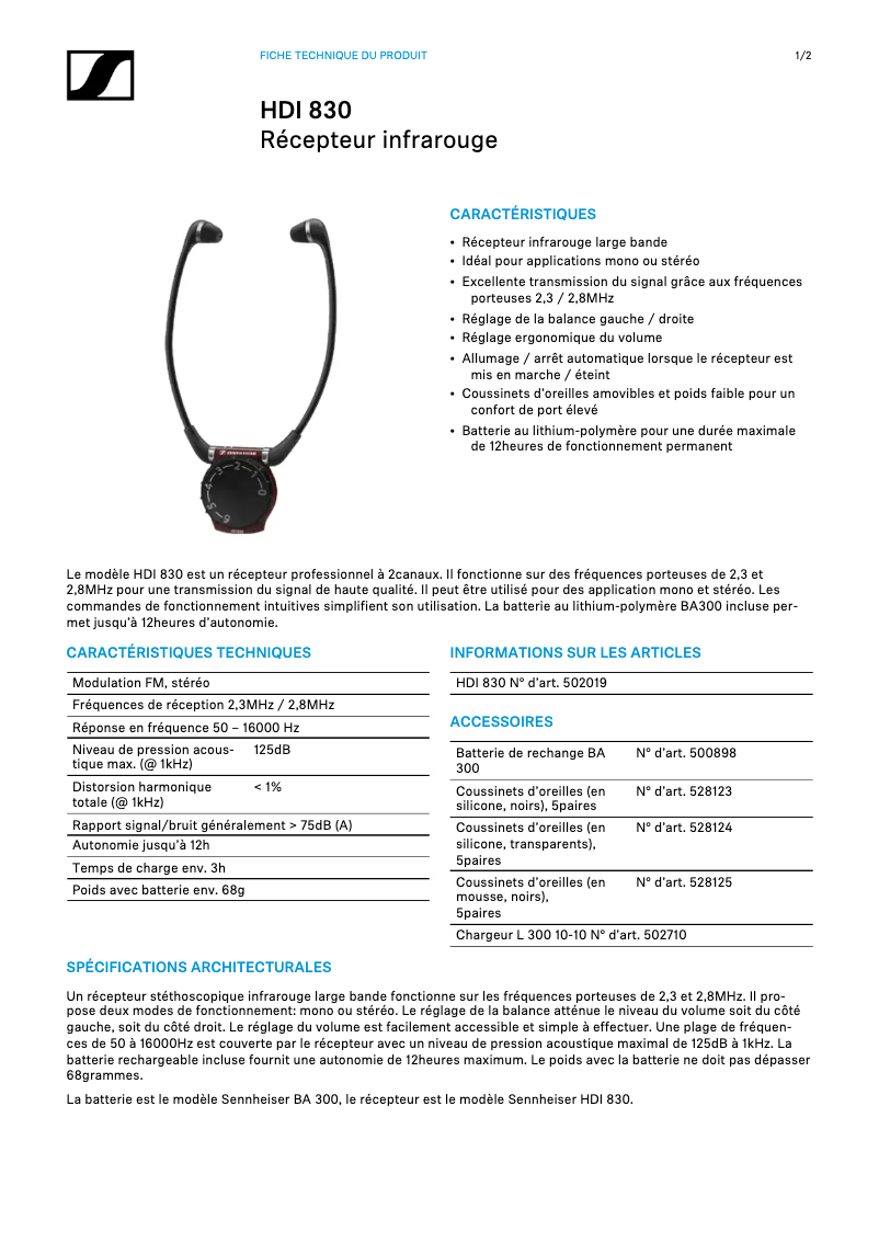Page 1 de la notice Fiche technique Sennheiser HDI 830