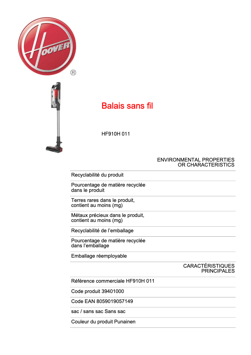 Page n°1 - Fiche technique Hoover HF910H 011