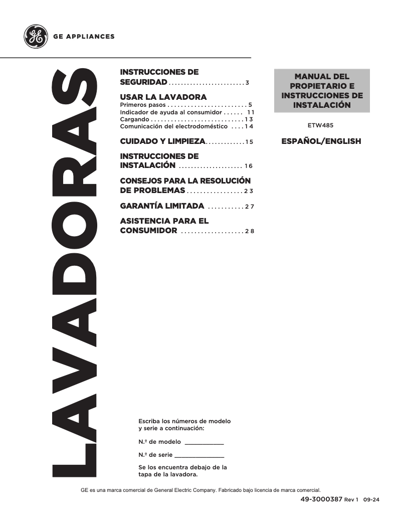 Page n°1 - Manuel d'utilisation et d'entretien GE ETW485ASWWB