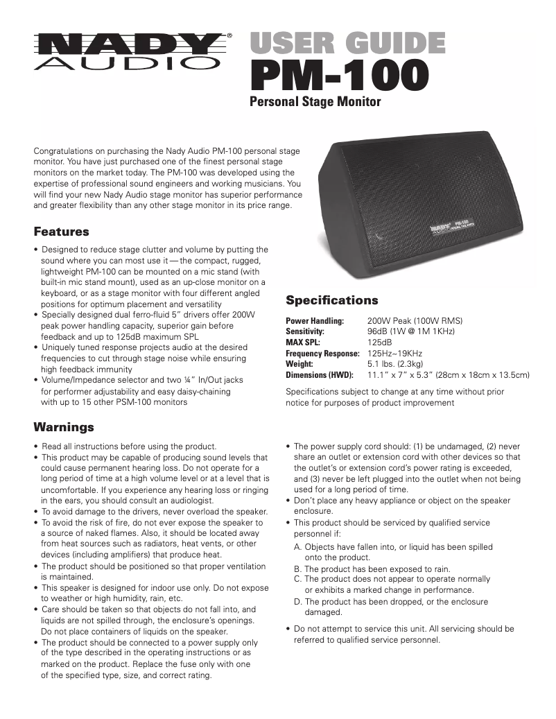 Page n°1 - Manuel utilisateur Nady PM-100