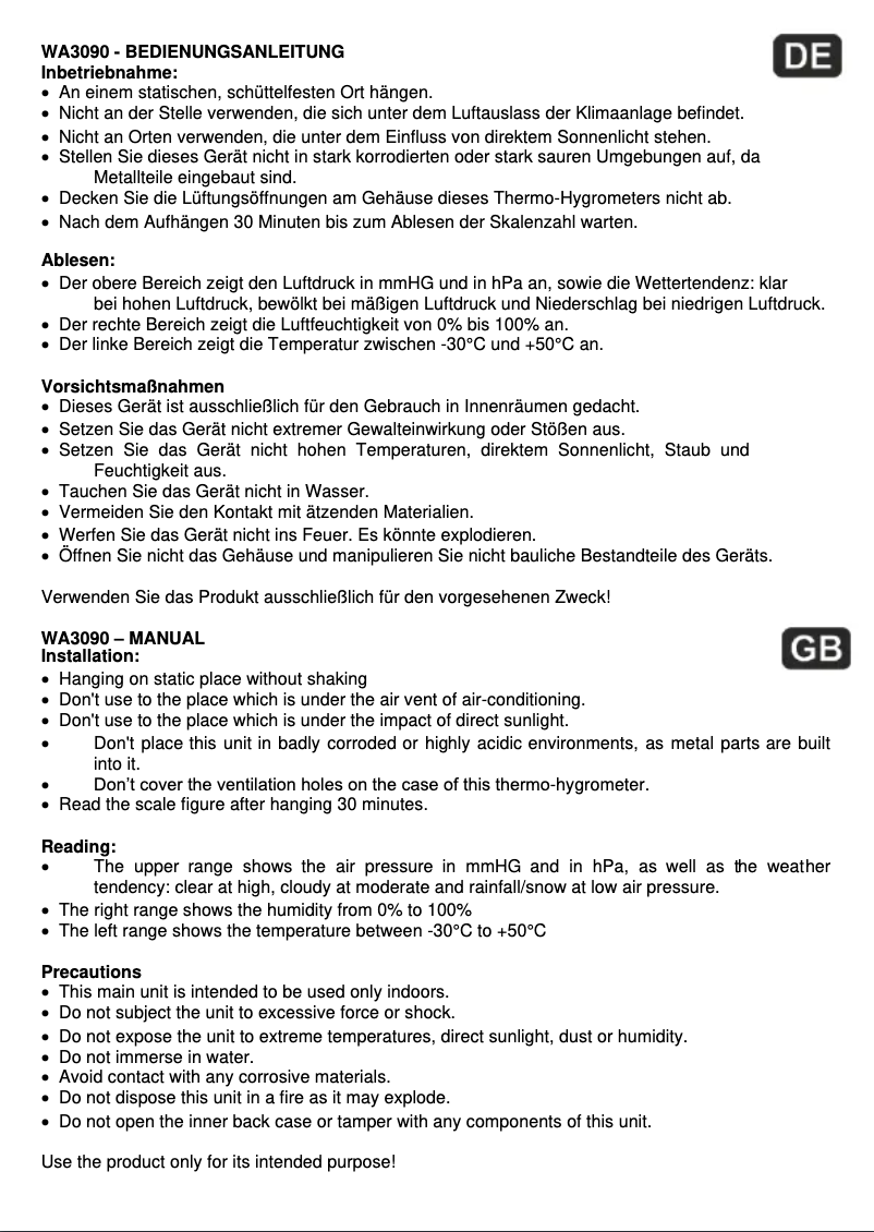 Page n°1 - Manuel utilisateur Techno Line WA 3090