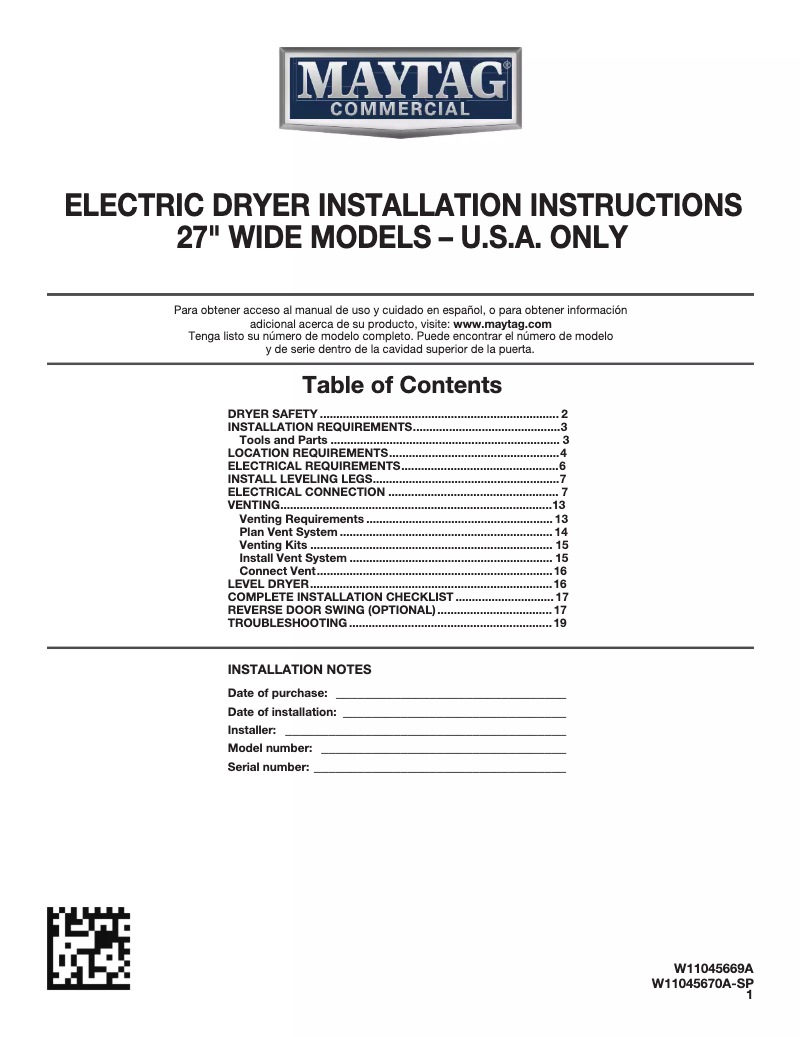 Page n°1 - Guide d'installation Maytag MEDP575GW