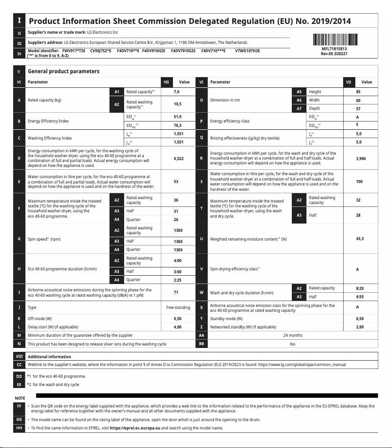 Page 1 de la notice Fiche technique LG F4DV710H1E