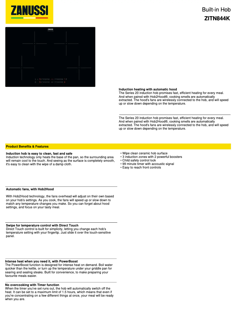 Page 1 de la notice Fiche technique Zanussi ZITN844K