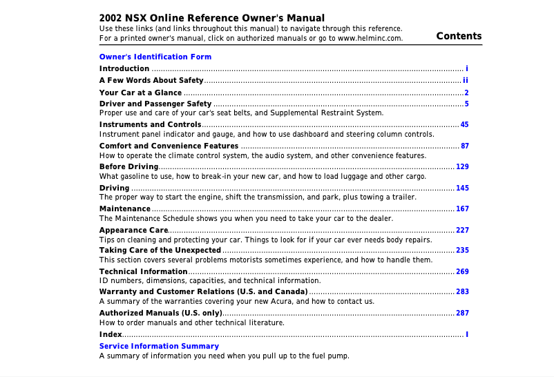 Page 1 de la notice Manuel utilisateur Acura NSX (2002)