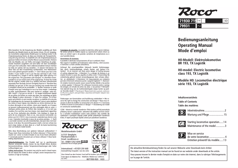 Page n°1 - Manuel utilisateur Roco 79931