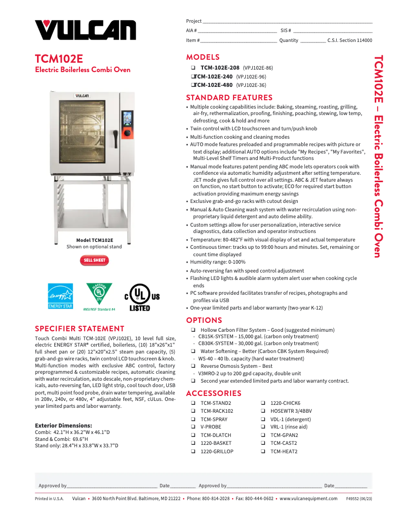 Page 1 de la notice Fiche technique Vulcan TCM-102E