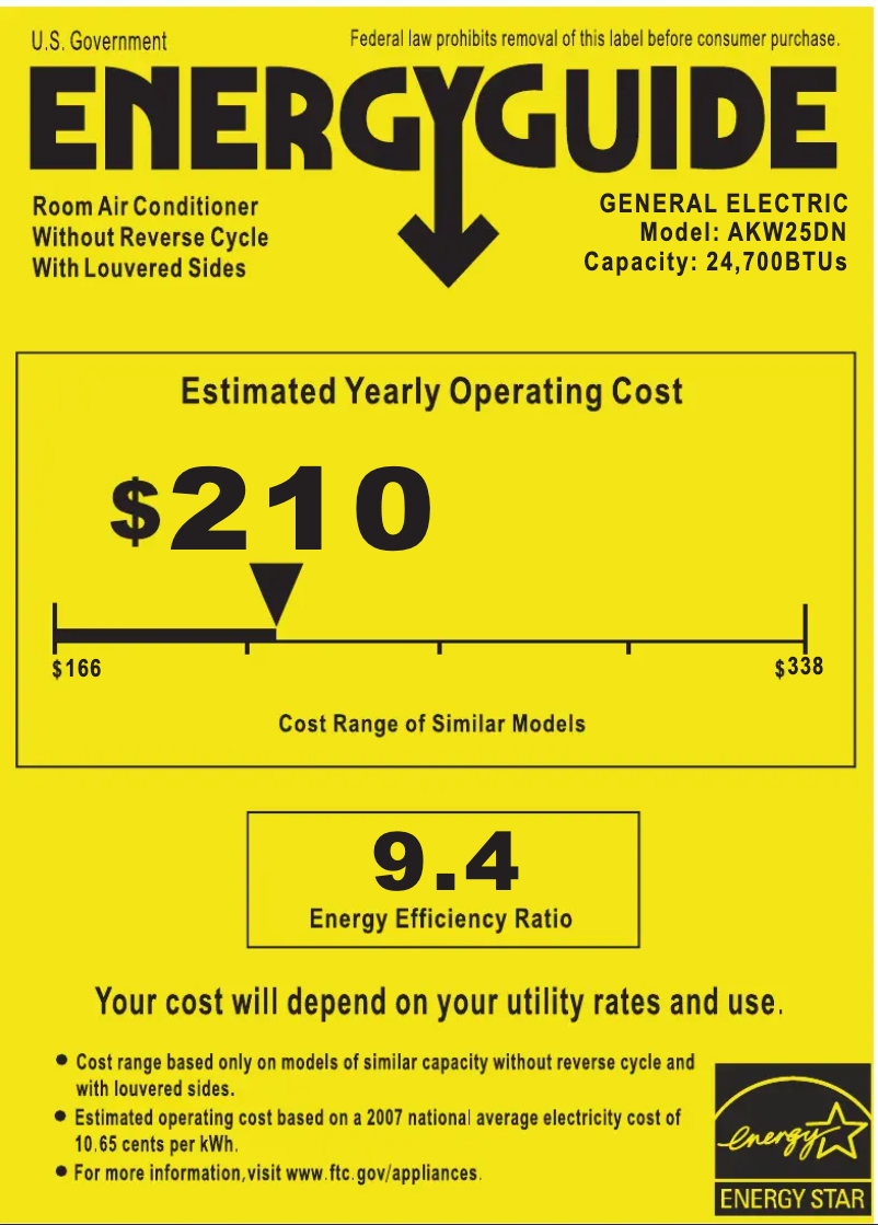 Page 1 de la notice Label énergétique GE AKW25DN