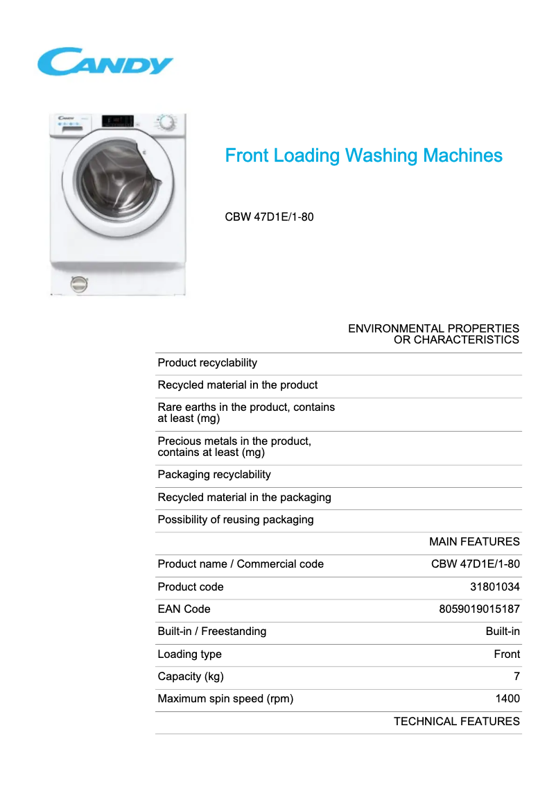 Page 1 de la notice Fiche technique Candy CBW 47D1E/1-80