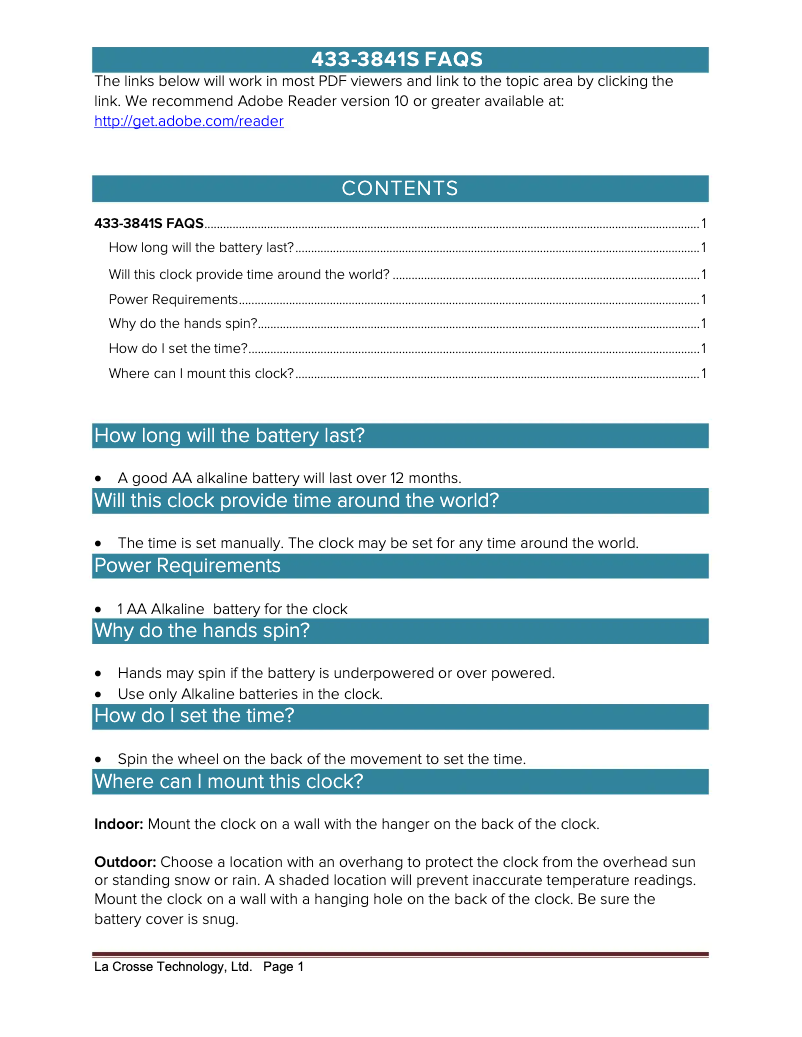 Page 1 de la notice FAQ La Crosse Technology 433-3841S