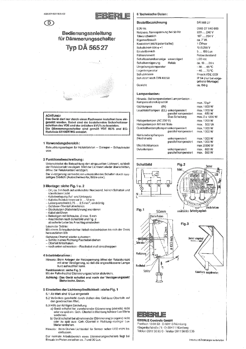 Page 1 de la notice Manuel utilisateur Eberle DÄ 565 28