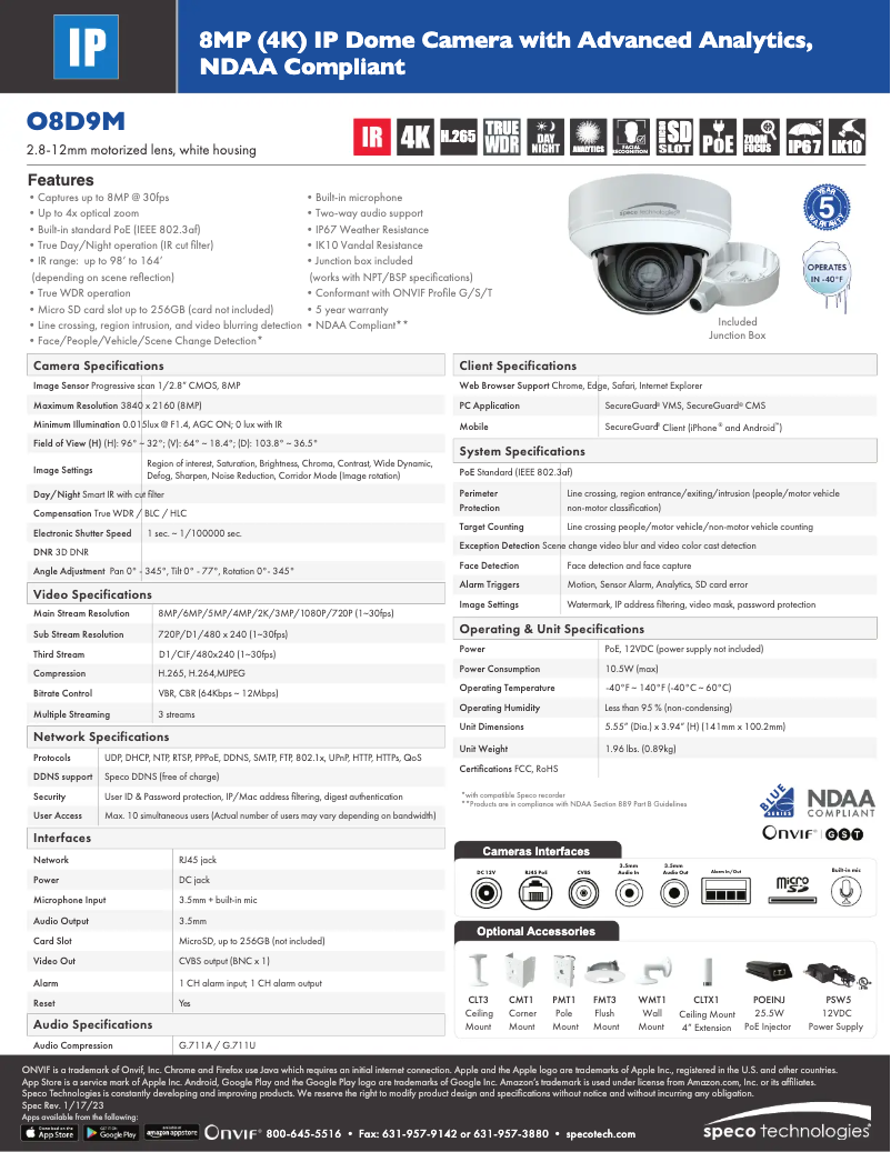 Page 1 de la notice Fiche technique Speco Technologies O8D9M