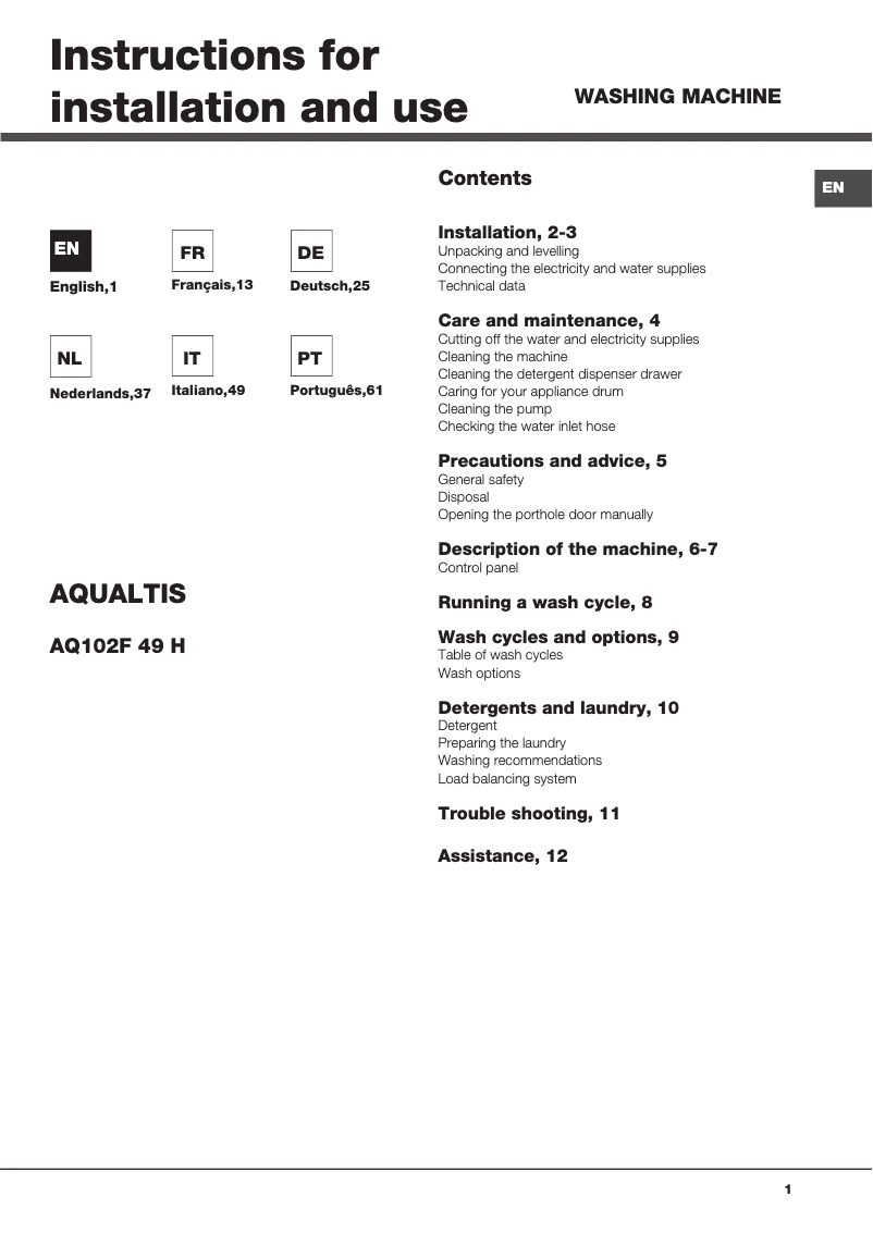 Page n°1 - Manuel utilisateur Hotpoint Ariston Aqualtis AQ102F 49H EU