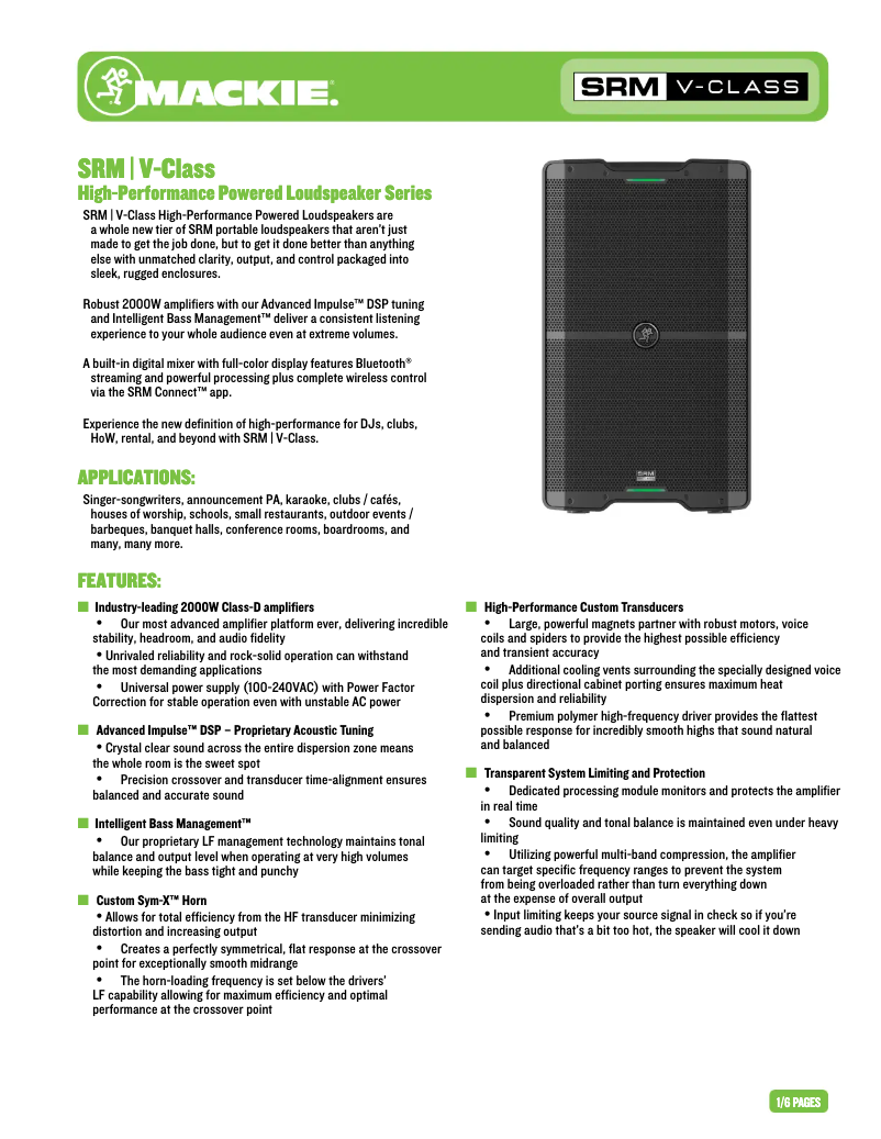 Page 1 de la notice Fiche technique Mackie V-Class SRM212