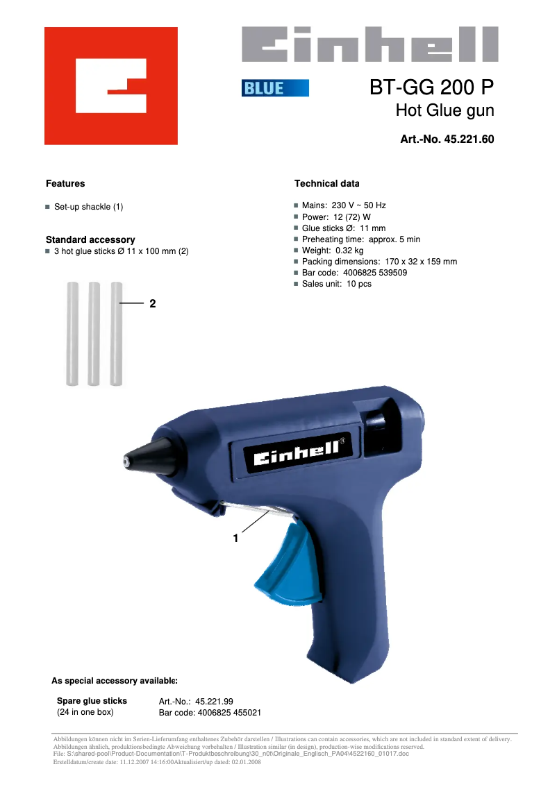 Page 1 de la notice Manuel utilisateur Einhell BT-GG 200 P