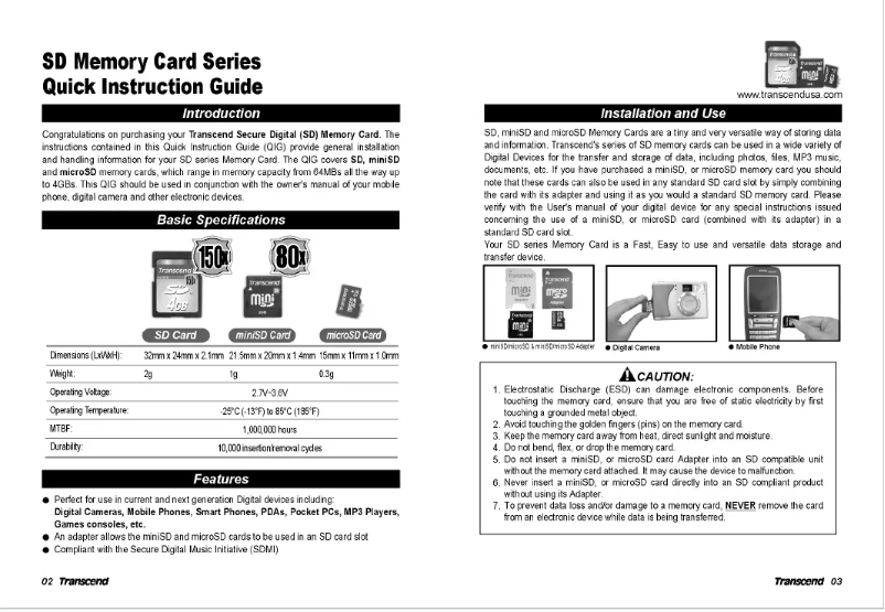 Page 1 de la notice Manuel utilisateur Transcend SDHC Class 6