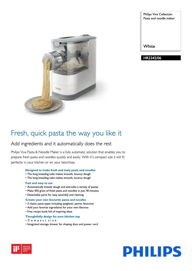 Page 1 de la notice Fiche technique Philips Viva Collection HR2342