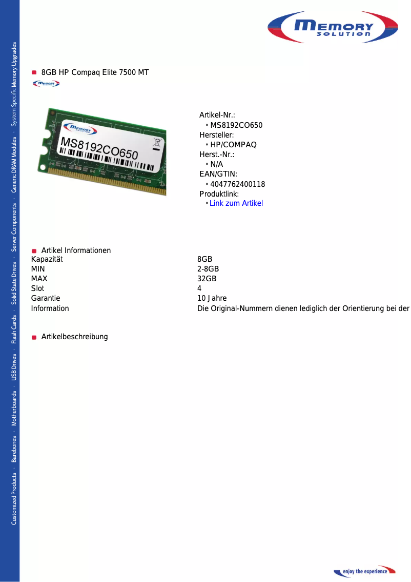 Page n°1 - Manuel utilisateur Memory Solution MS8192CO650