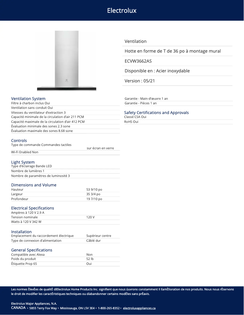 Page 1 de la notice Fiche technique Electrolux ECVW3662AS