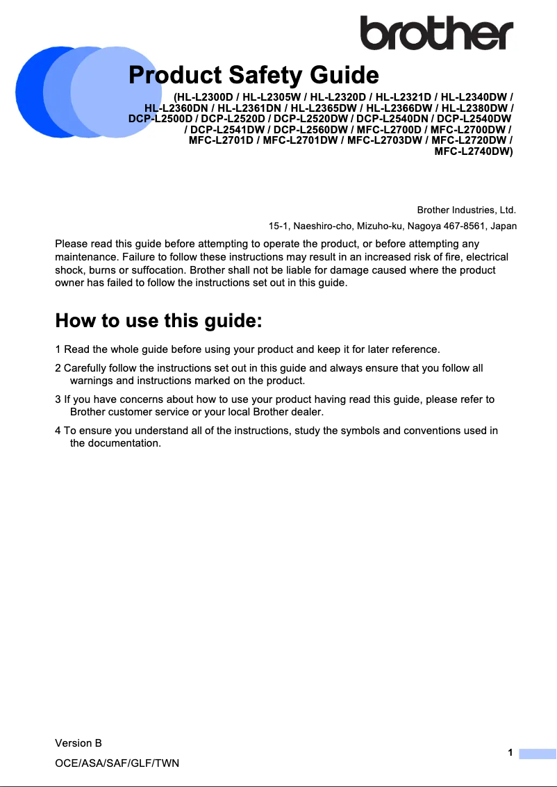 Page 1 de la notice Instructions de sécurité Brother HL-L2380DW