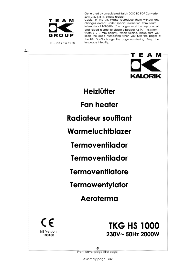 Page 1 de la notice Manuel utilisateur Kalorik TKG HS 1000